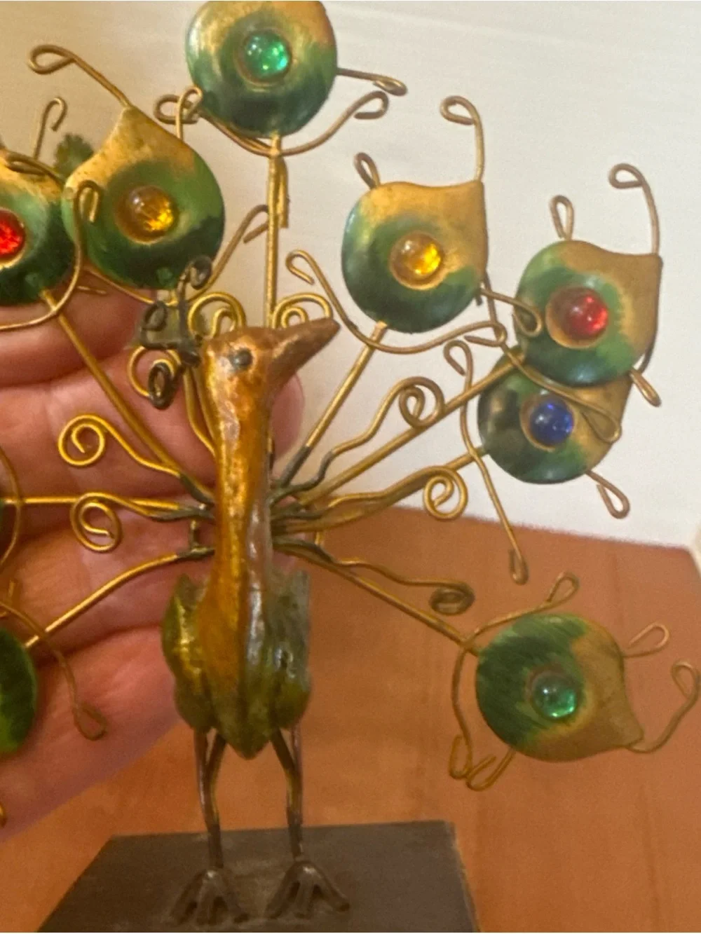 VTG MCM Metal Wire Peacock Sculpture Set 2pc Pier 1 Multicolor Gems Jewels Boho